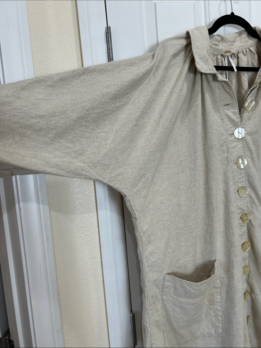Free People Linen Blend Button Down Maxi Dress Duster Pockets Beige Large - Picture 6 of 12